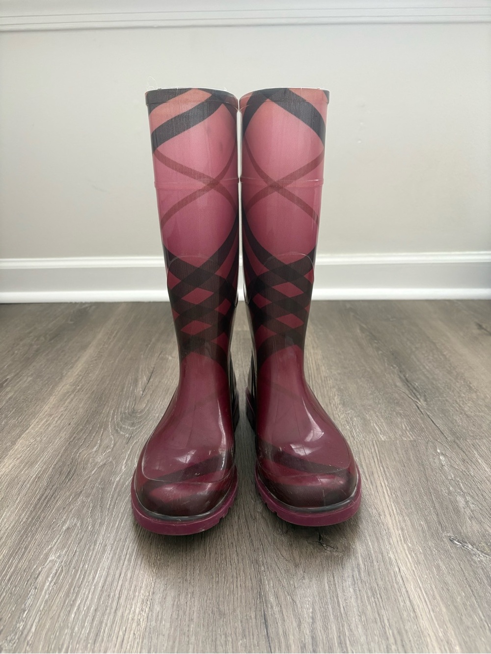 Burberry Pink and Black Patterned Tall Rain Boots